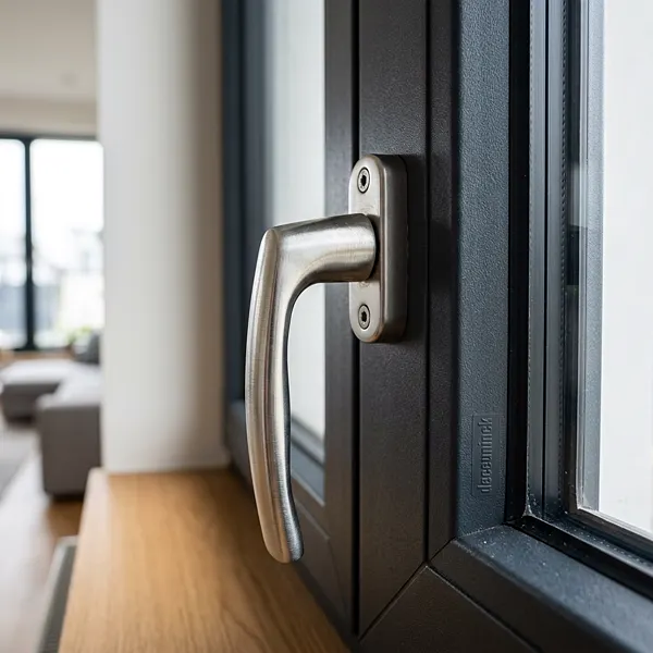 Manilla y herraje de una ventana de aluminio en acabado gris antracita